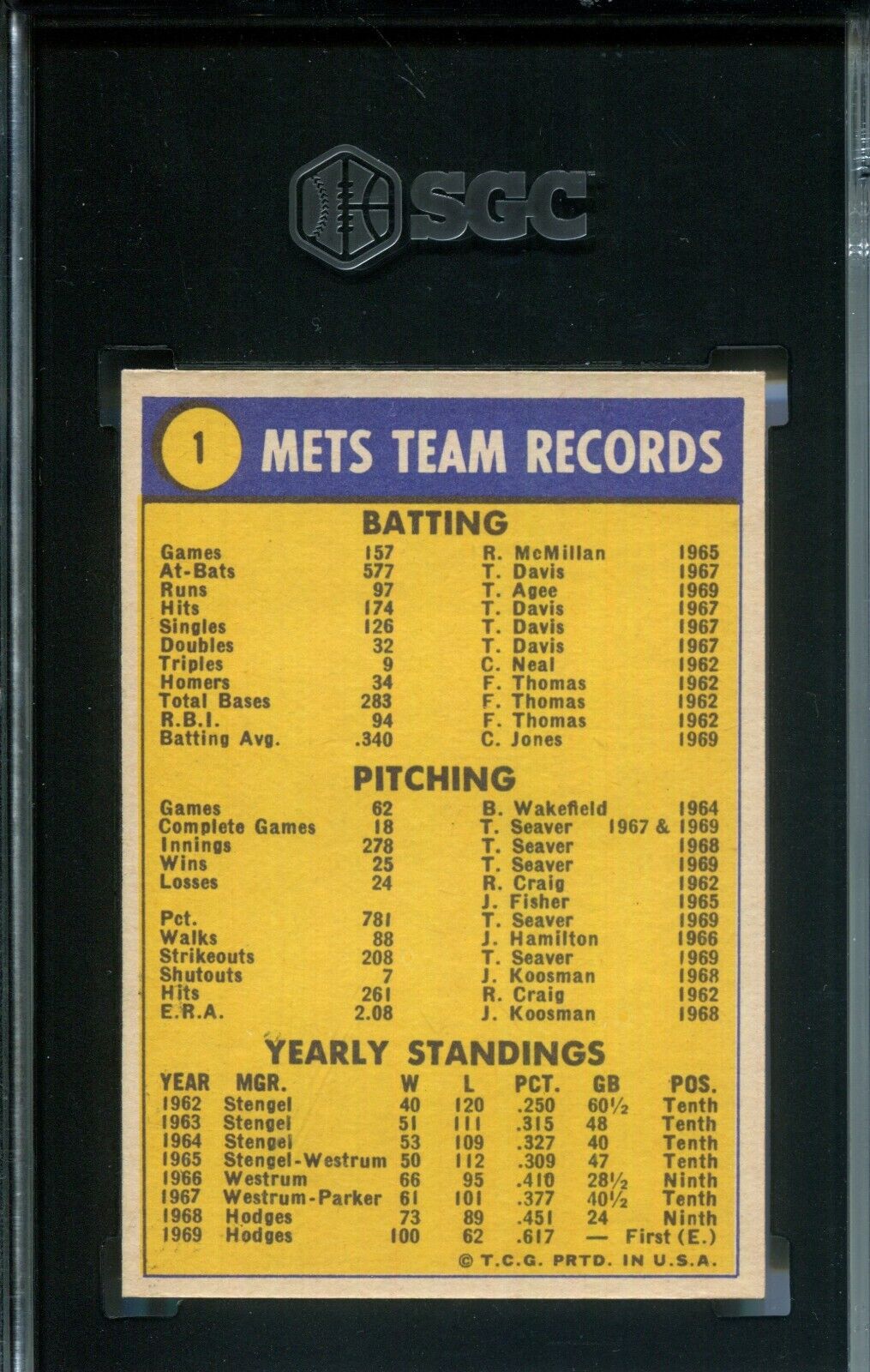 New York Mets #1 World Champions 1970 Topps SGC 8