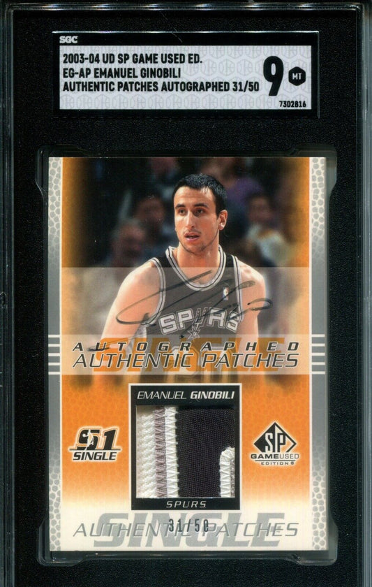 Emanuel Manu Ginobli 2003-04 UD SP Game Used Logo Patch AUTO #31/50 SGC 9 Mint