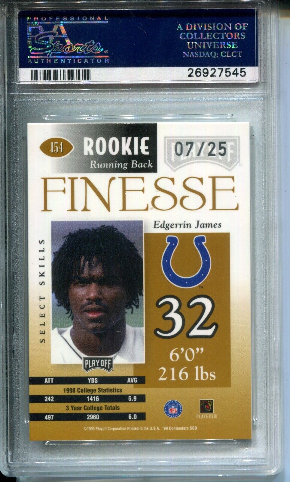 Edgerrin James 1999 Playoff Contenders Finesse Gold #7/25 AUTO PSA 10 POP 1