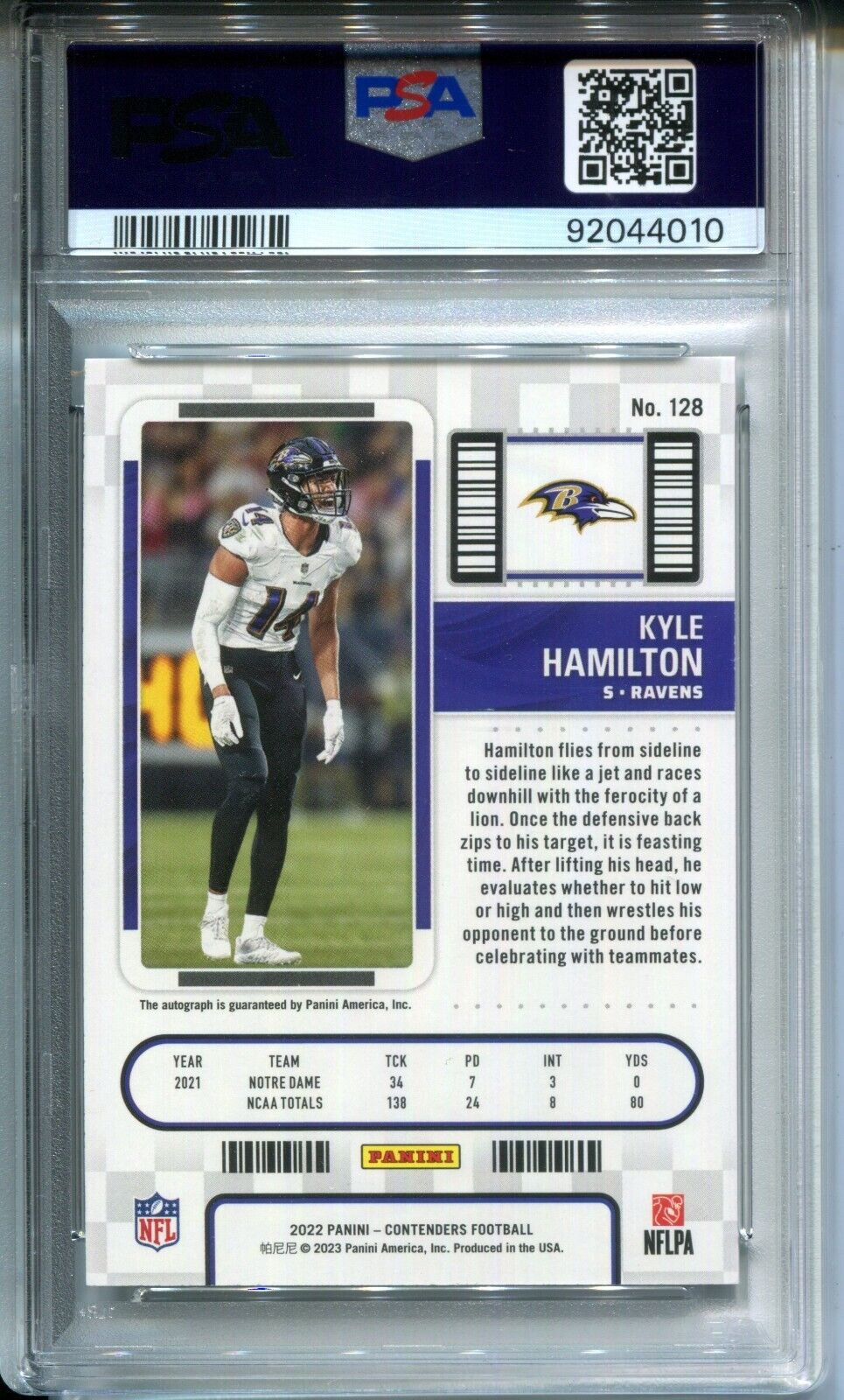 Kyle Hamilton 2022 Panini Contenders Champ. Ticket #14/49 (Jersey #) AUTO PSA 9