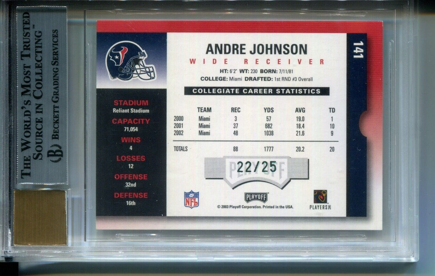 Andre Johnson 2003 Leaf Limited Contenders Rookie Preview Ticket #/25 AUTO BGS 9