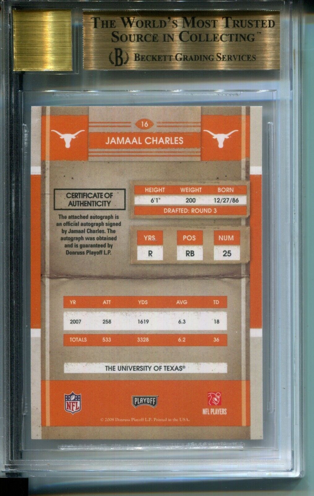 Jamaal Charles 2008 Playoff Contenders College Rookie Ticket AUTO BGS 9.5 Texas