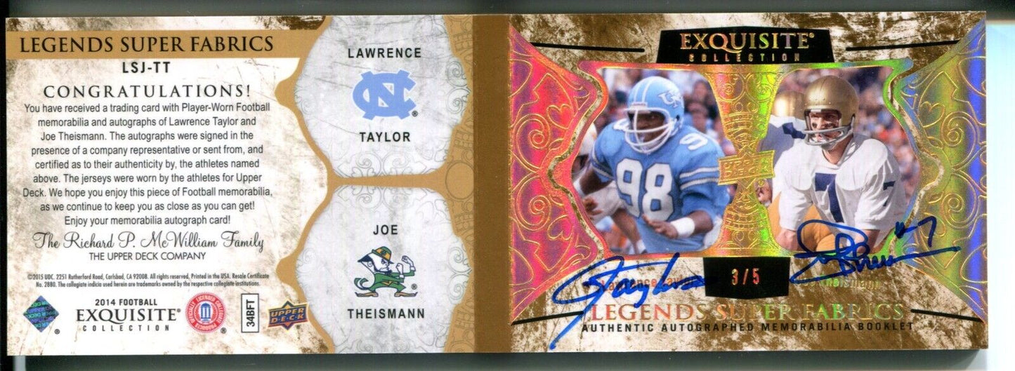 Lawrence Taylor Joe Theismann 2014 Exquisite PATCH AUTO #3/5 (Their only DUAL)