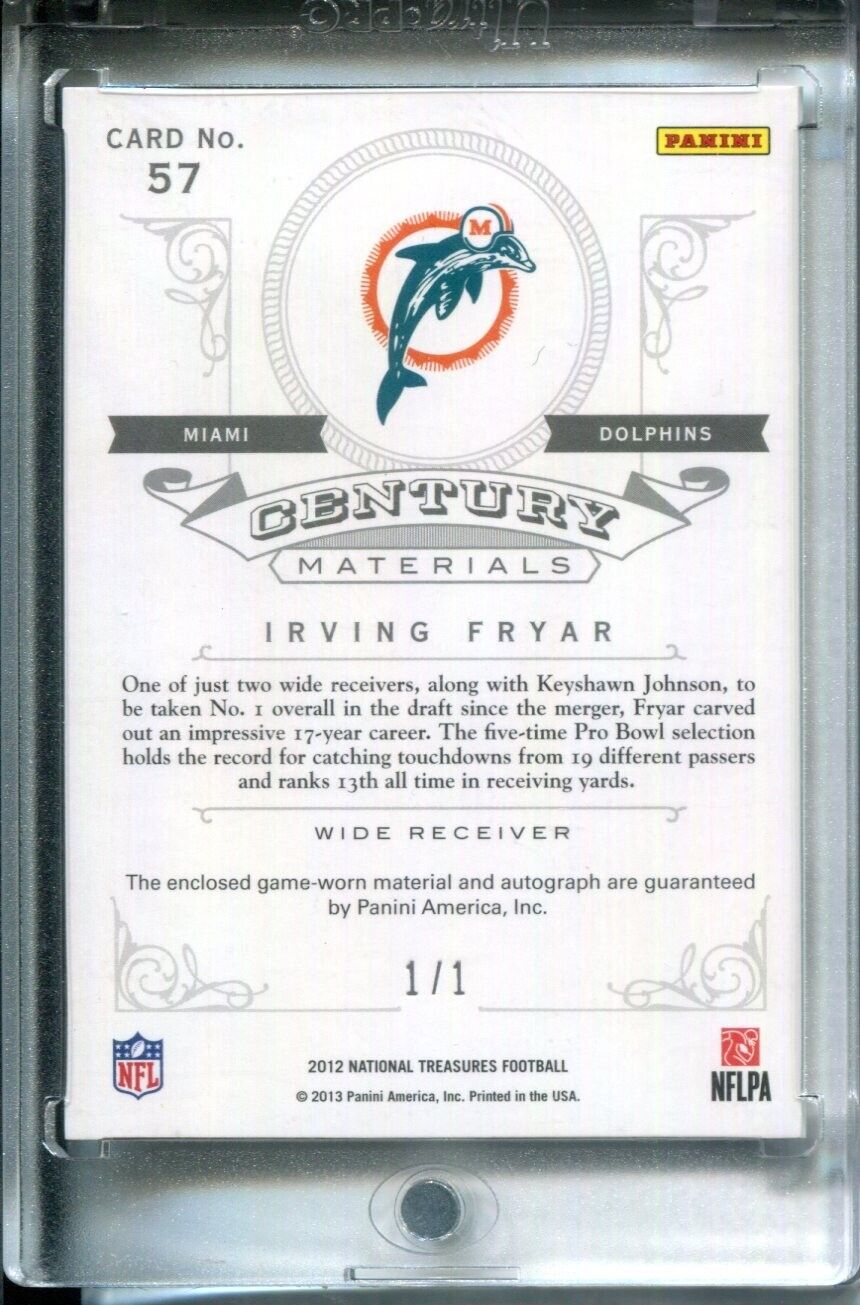 Irving Fryar 2012 Panini National Treasures Jersey AUTO #1/1 Dolphins