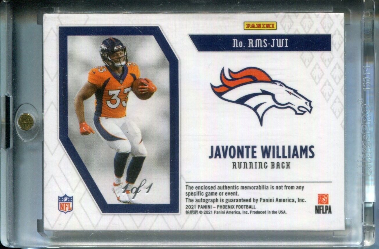 Javonte Williams 2021 Panini Phoenix NFL SHIELD LOGO PATCH Gold Vinyl #1/1 AUTO