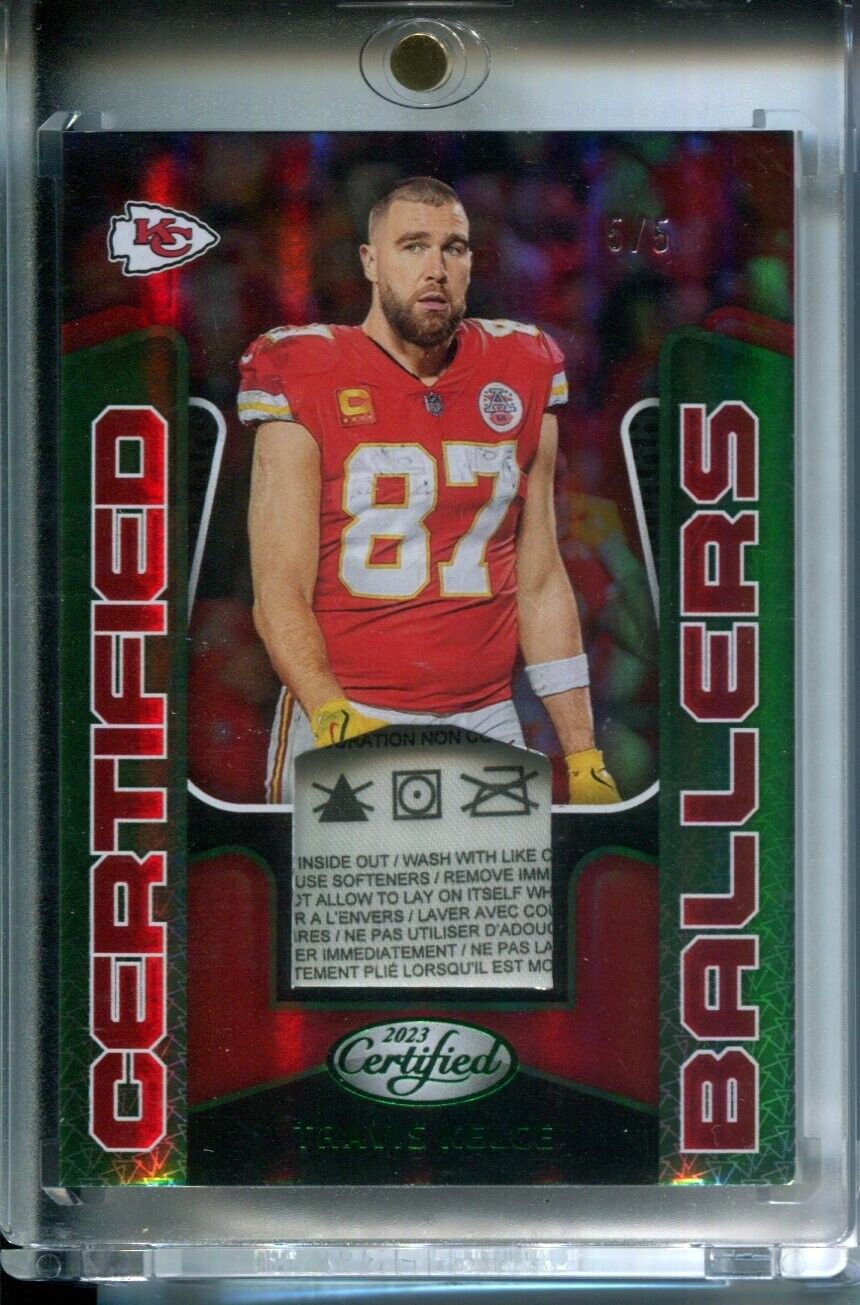 Travis Kelce 2023 Panini Certified Ballers Mirror Green LAUNDRY TAG PATCH #5/5