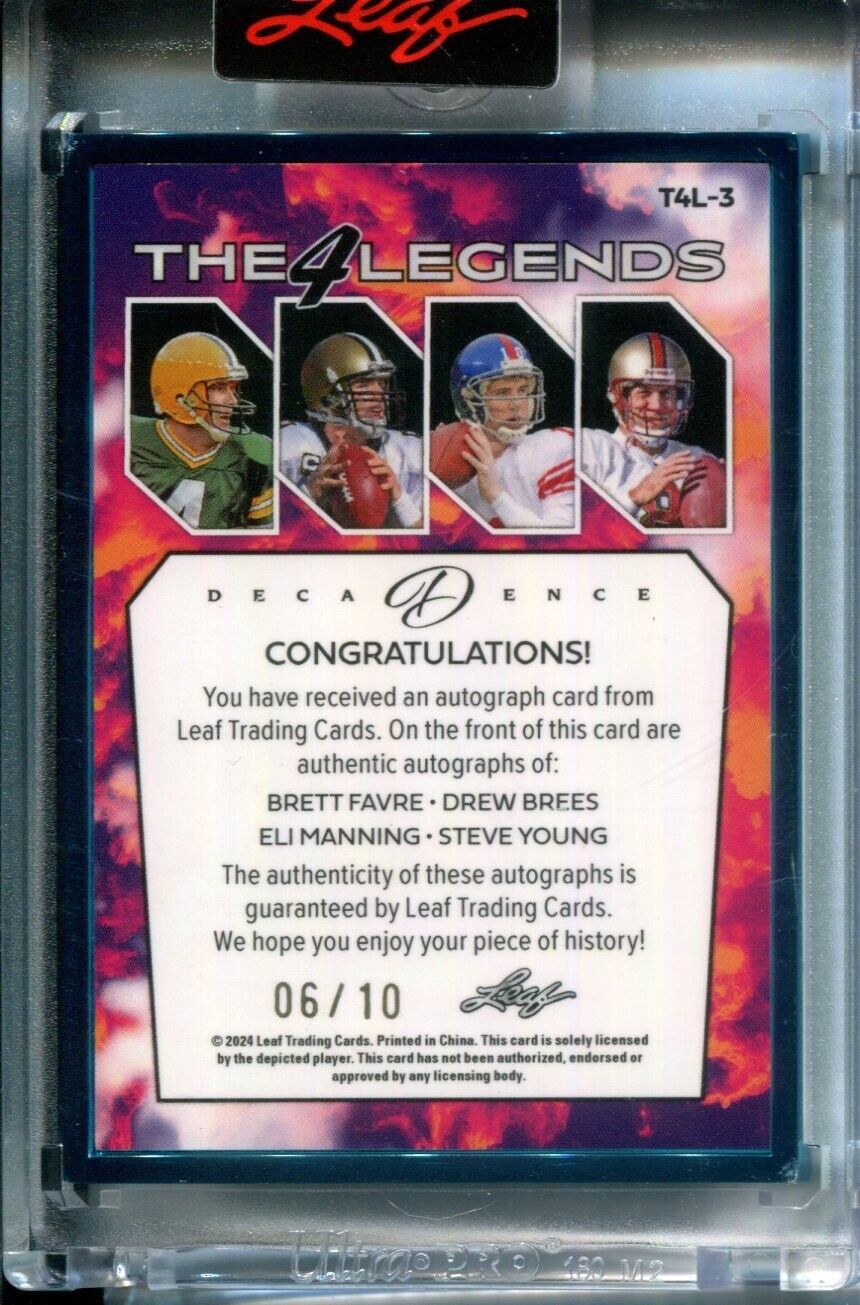 Brett Favre Drew Brees Eli Manning Steve Young 2024 Leaf Decadence AUTO #6/10