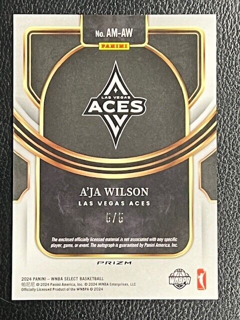 A'JA WILSON 2024 Panini Select Black Gold Prizm TAG Patch Auto 5/5 WNBA