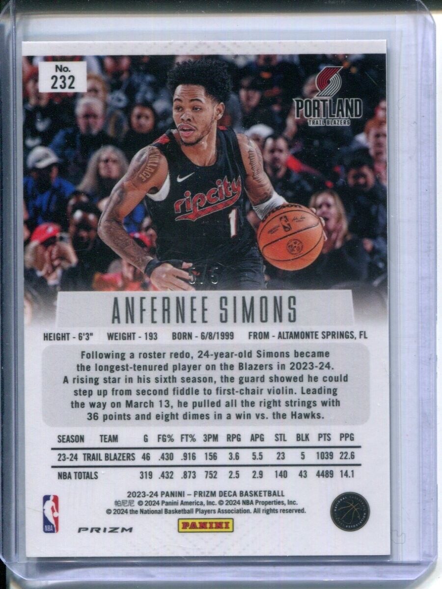 Anfernee Simons 2023-24 Panini Prizm Deca Black Gold #5/5 Portland