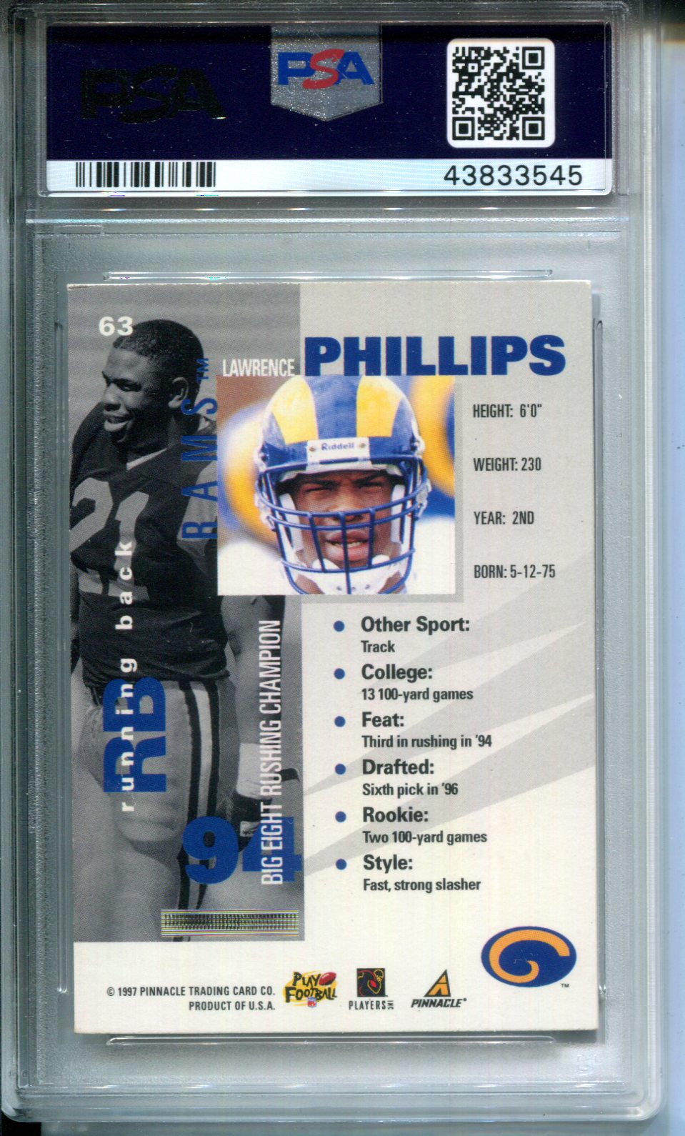 1997 Pinnacle Inside Lawrence Phillips #63 PSA Authentic AUTO Autograph SIGNED