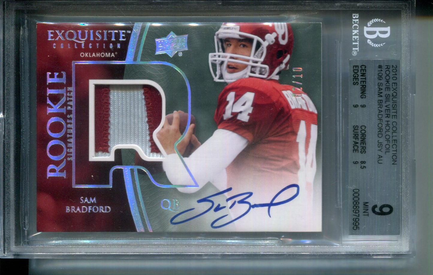 2010 Exquisite Rookie Silver Holofoil Sam Bradford Patch AUTO RPA #5/10 BGS 9