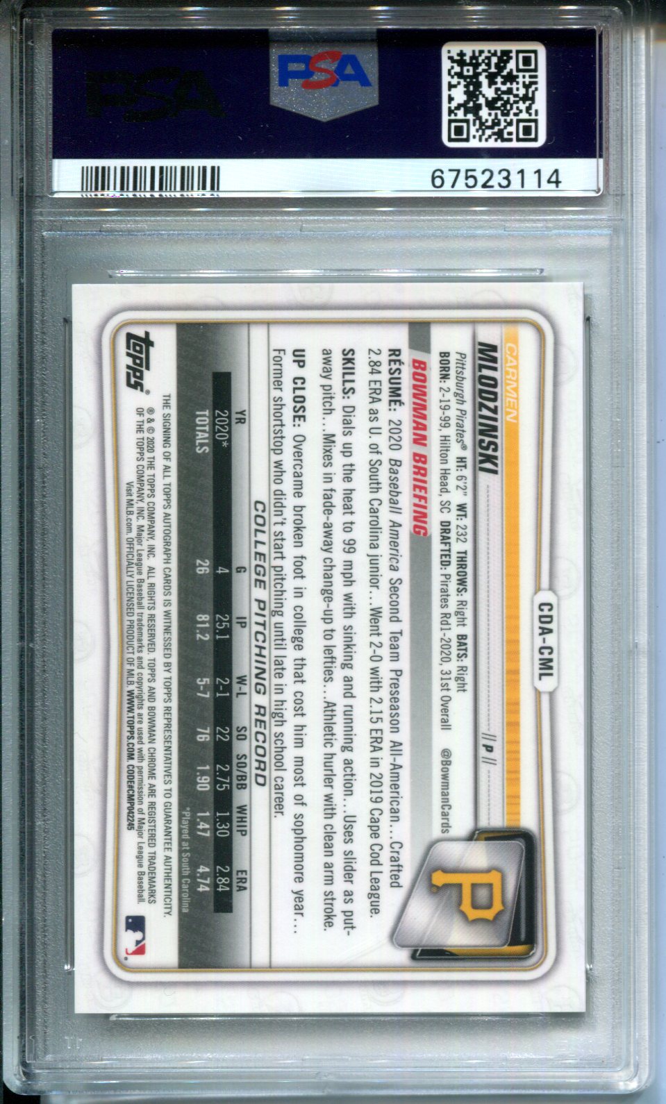 2020 Bowman Draft Chrome Carmen Mlodzinski Auto Gold Refractor #43/50 PSA 10