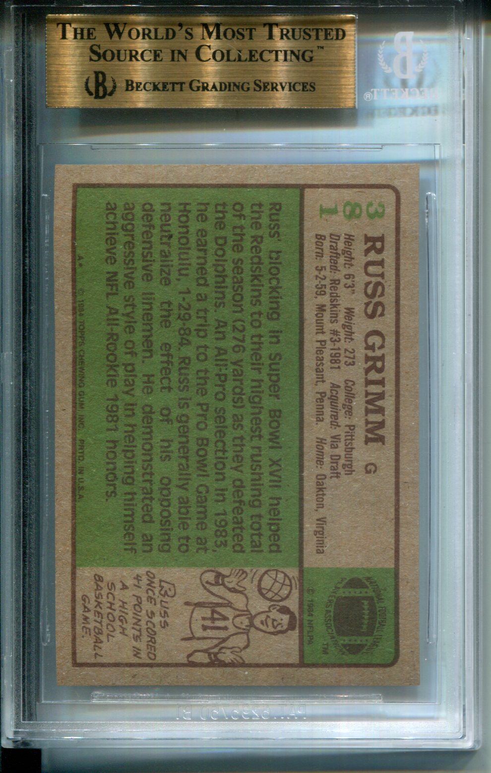 1984 Topps Russ Grimm #381 Rookie GEM MINT BGS 9.5