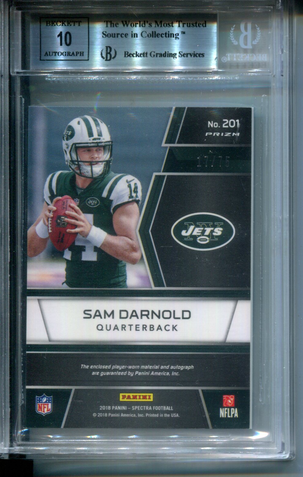 2018 Panini Spectra Neon Blue #/75 Sam Darnold Jersey AUTO #201 BGS 9