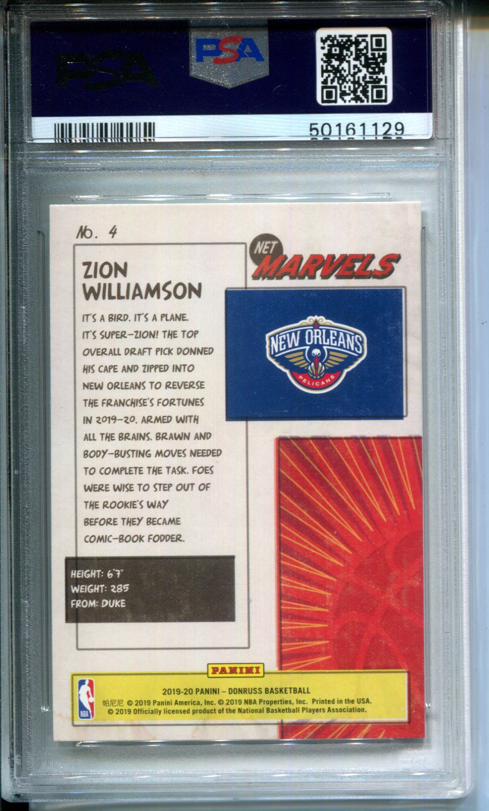 2019-20 Panini Donruss Net Marvels Zion Williamson #4 Rookie PSA 9