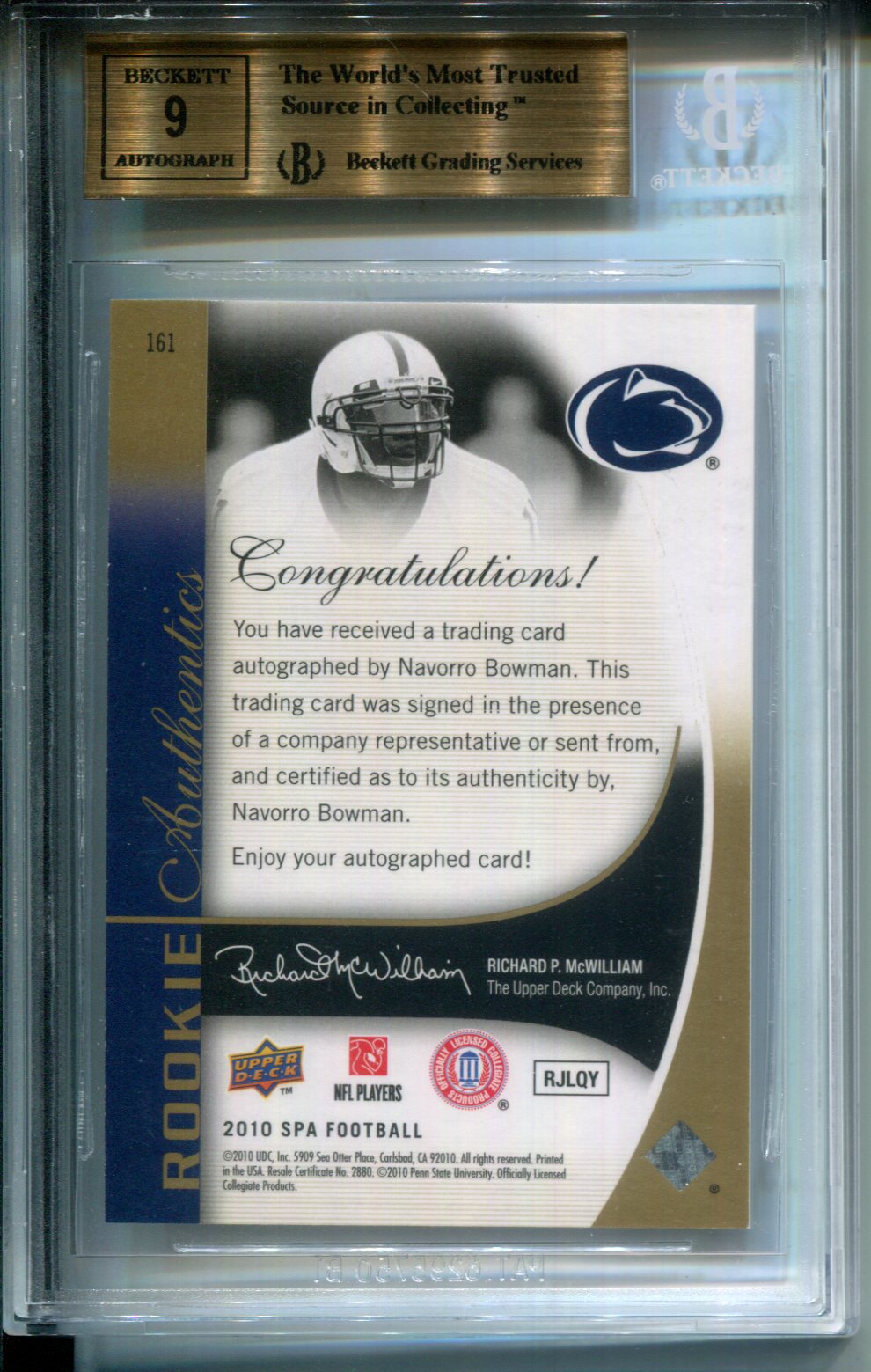 2010 SP Authentic Gold #6/25 Rookie NaVorro Bowman AUTO #161 BGS 9.5