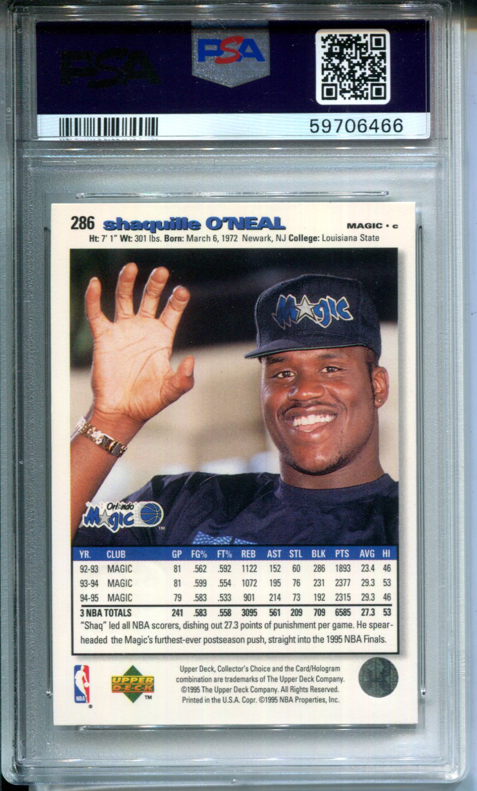 1995-96 Collector's Choice Shaquille O'Neal #286 Player's Club Platinum PSA 9