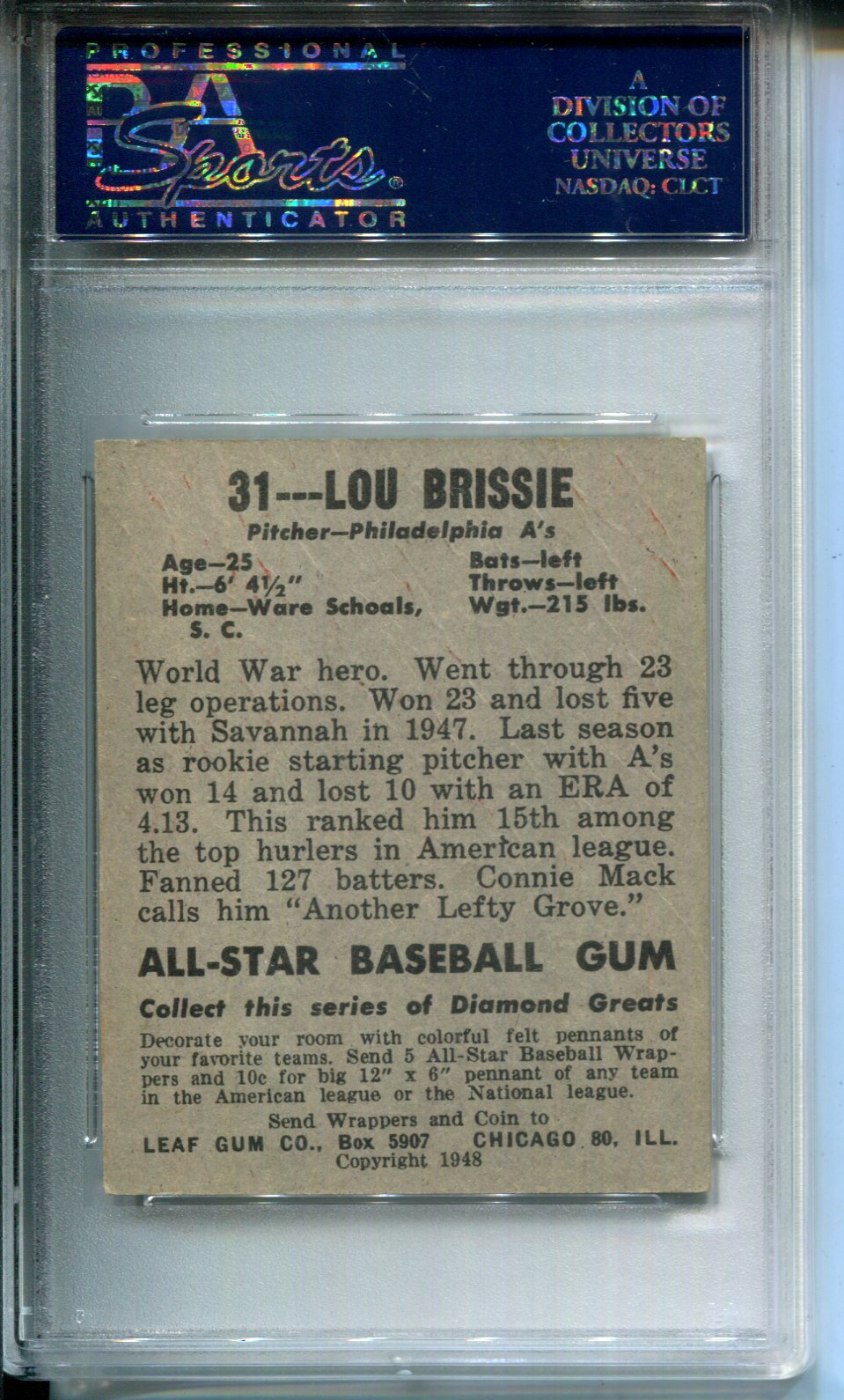 1948 Leaf Lou Brissie #31 PSA 2