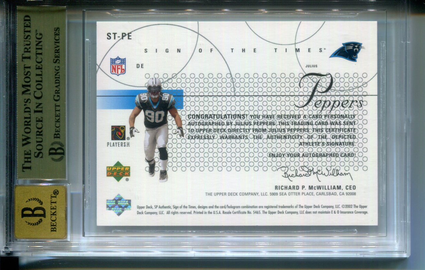 2002 SP Authentic Sign of the Times Julius Peppers Rookie AUTO BGS 9.5