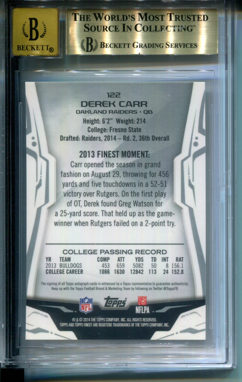 2014 Finest Rookie AUTO Pulsar Refractors Derek Carr AUTO #2/5 BGS 9.5