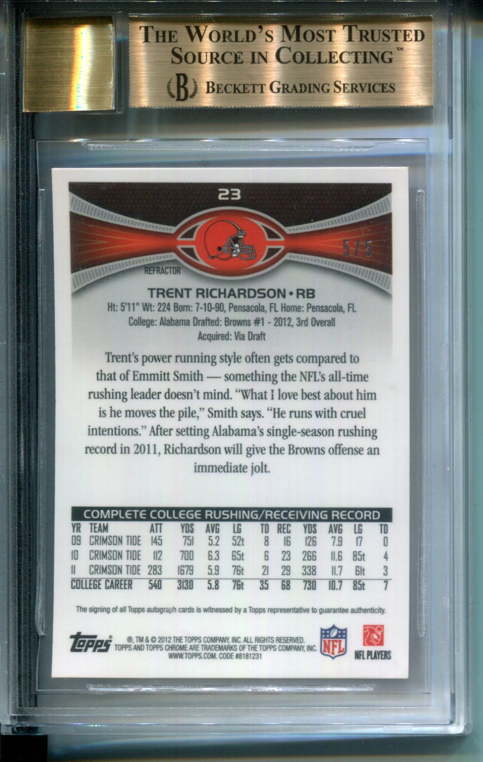 2012 Topps Chrome Rookie AUTO Red Refractor #5/5 Trent Richardson #23 BGS 9.5