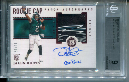 2020 Panini Encased Ruby Jalen Hurts HAT Patch AUTO #10/15 Rookie BGS 9