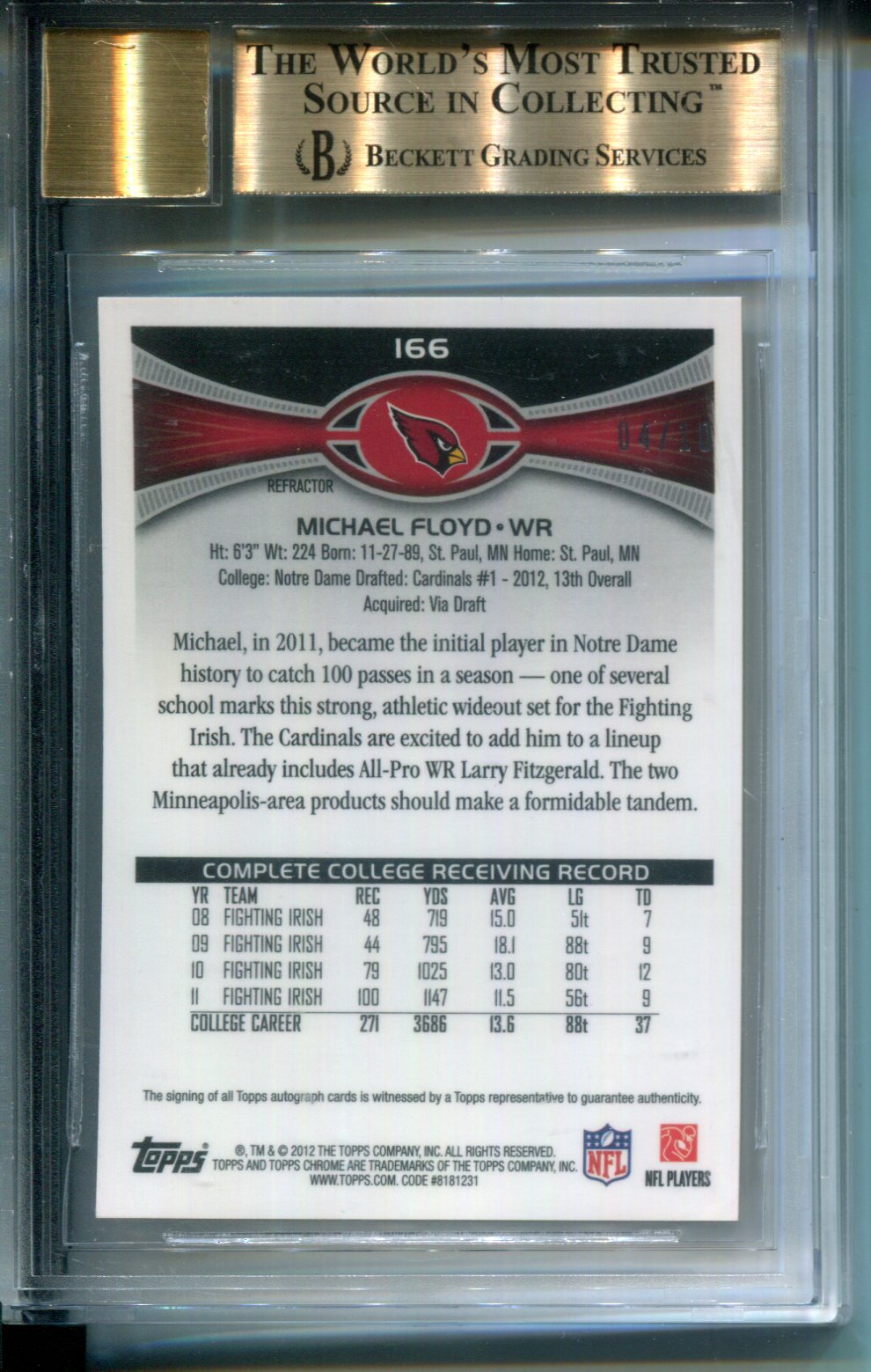 2012 Topps Chrome Rookie AUTO Gold Refractor #4/10 Michael Floyd #166 BGS 9.5