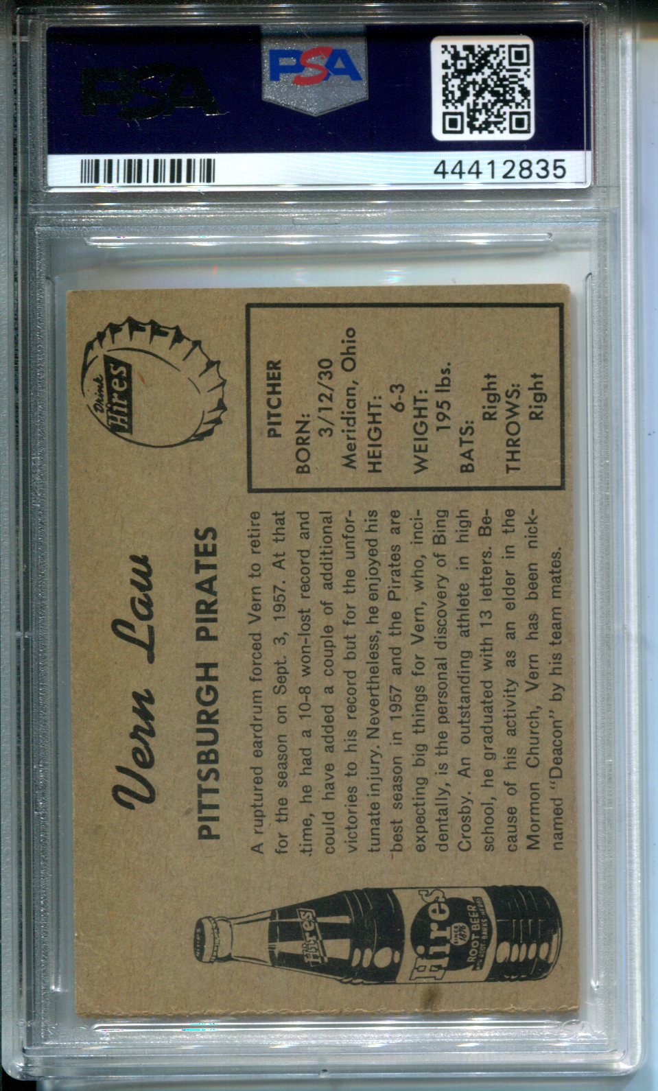 1958 Hires Root Beer Test Set Vern Law Pirates No Tab PSA 4