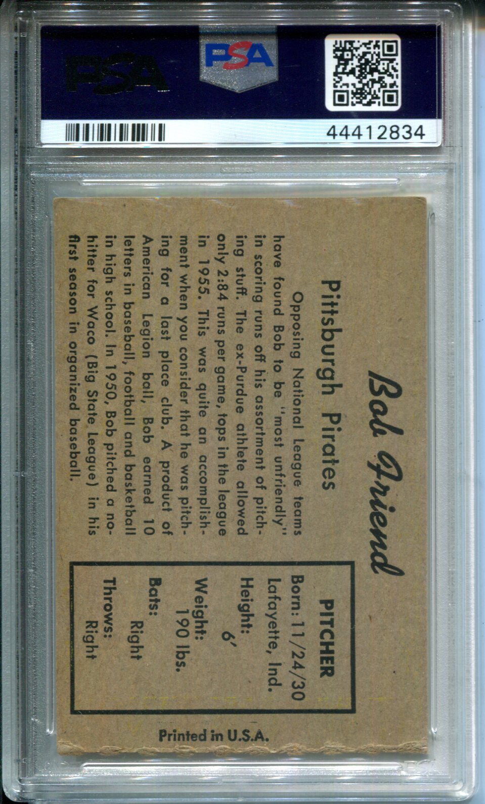 1958 Hires Root Beer Test Set Bob Friend No Tab PSA 5