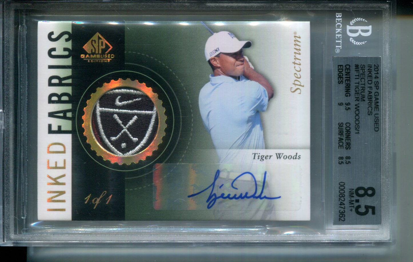 2014 SP Game Used Inked Fabrics Spectrum #1/1 Tiger Woods Nike PATCH AUTO 8.5