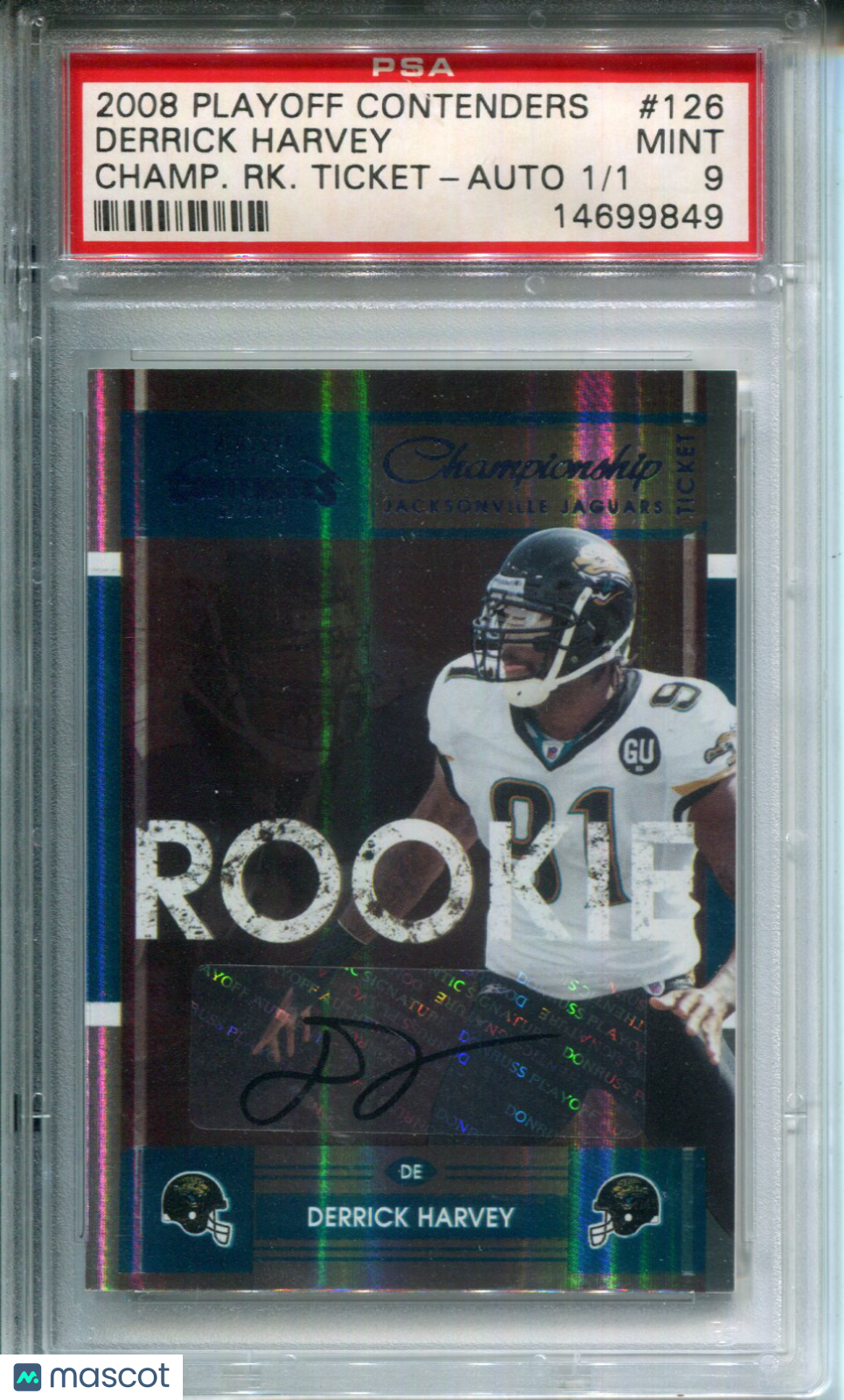 2008 Playoff Contenders Derrick Harvey #126 Championship Ticket Auto #1/1 PSA 9