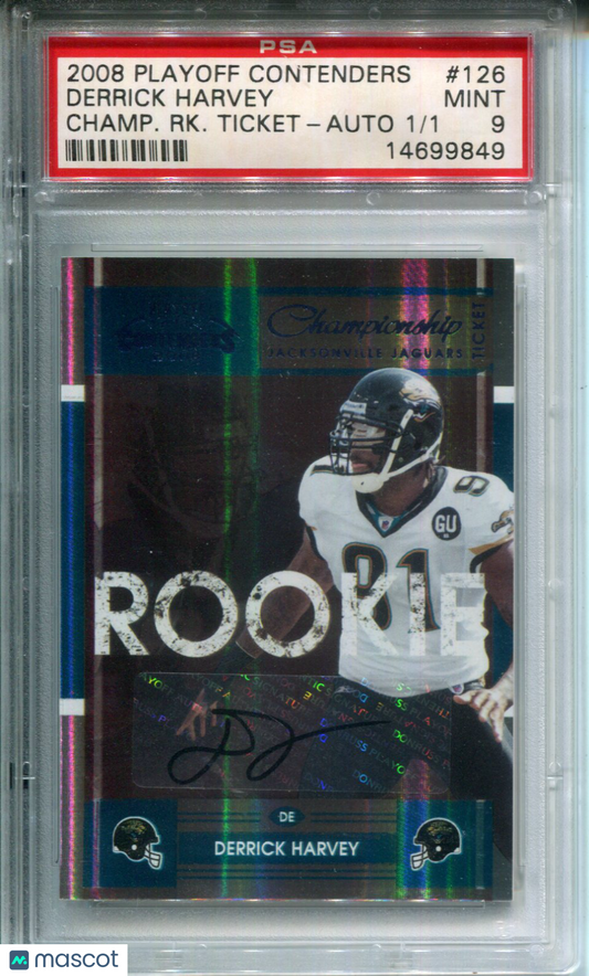 2008 Playoff Contenders Derrick Harvey #126 Championship Ticket Auto #1/1 PSA 9