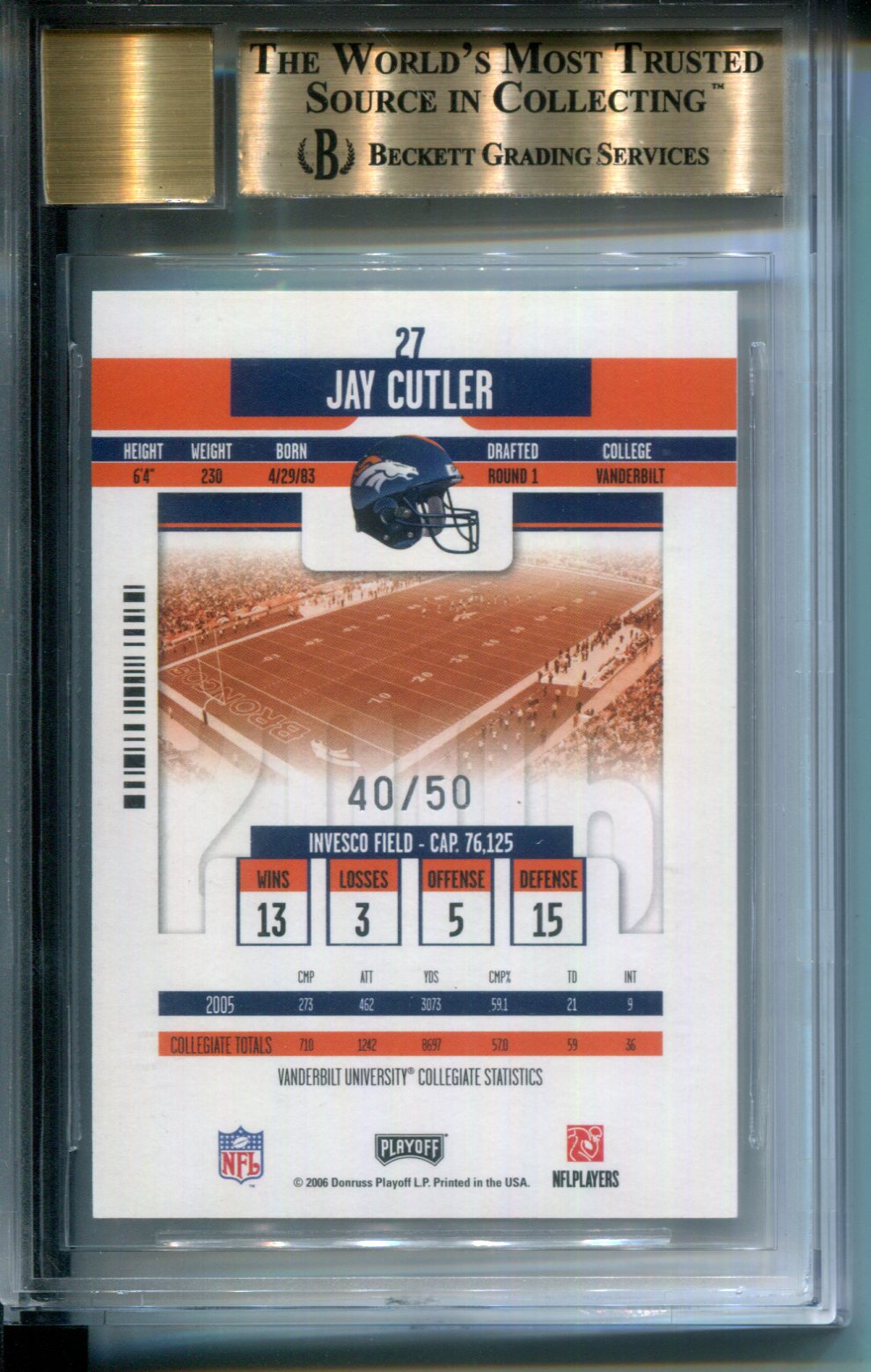 2006 Leaf Limited Contenders Preview Autograph AUTO #40/50 Jay Cutler BGS 9.5