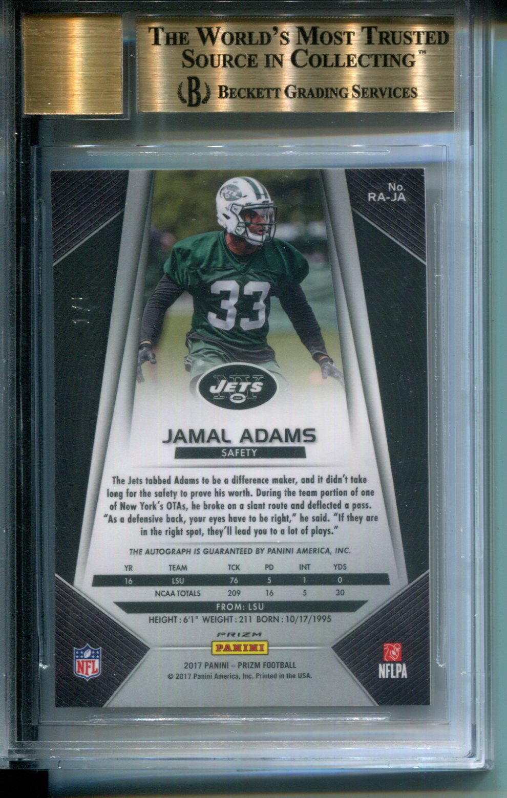 2017 Panini Prizm Rookie Autograph Gold Vinyl Jamal Adams #1/5 AUTO BGS 9.5