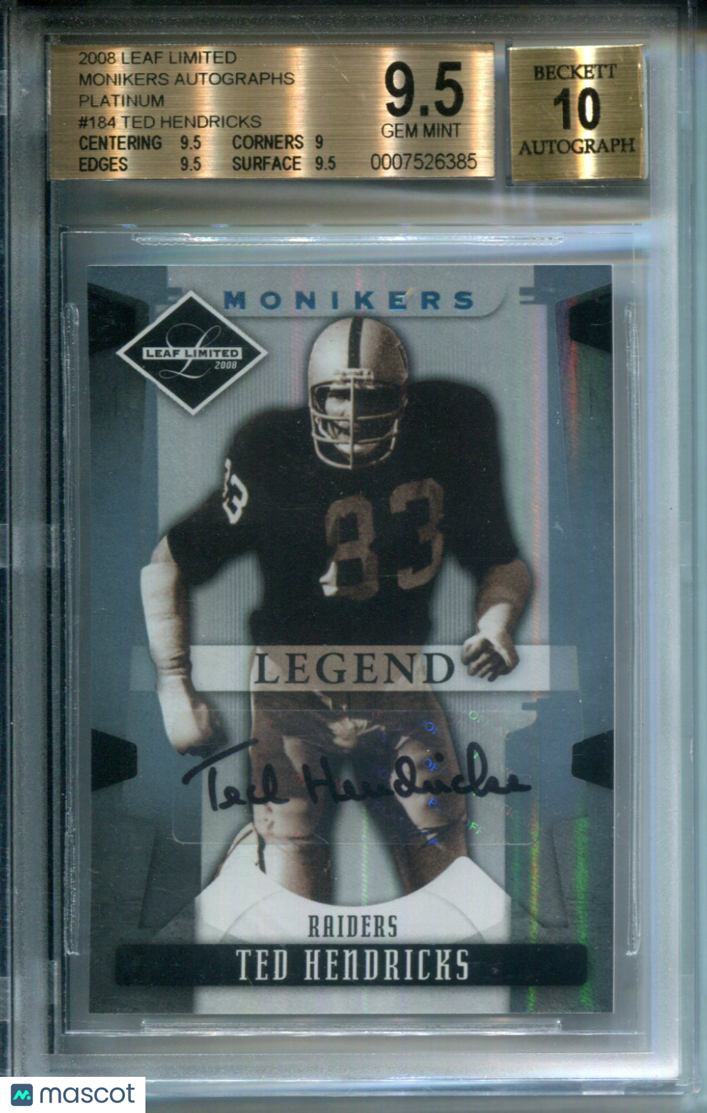 2008 Leaf Limited Monikers AUTO Platinum #1/1 Ted Hendricks #184 BGS 9.5 Raiders