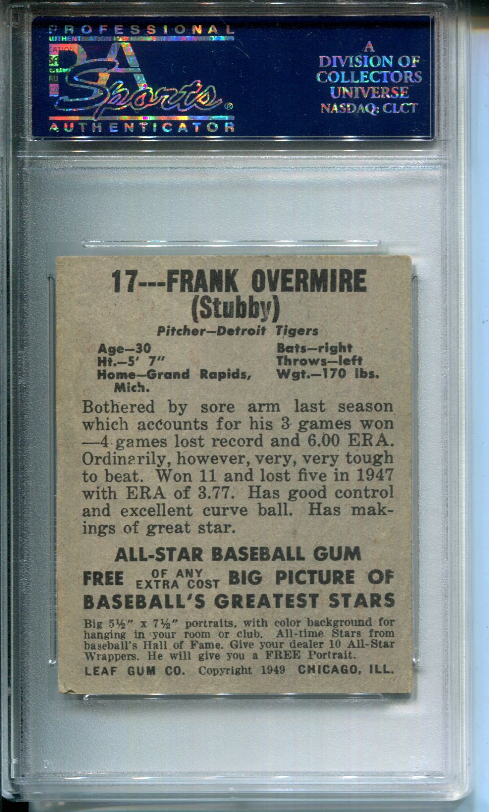 1948 Leaf Frank Overmire #17 PSA 4