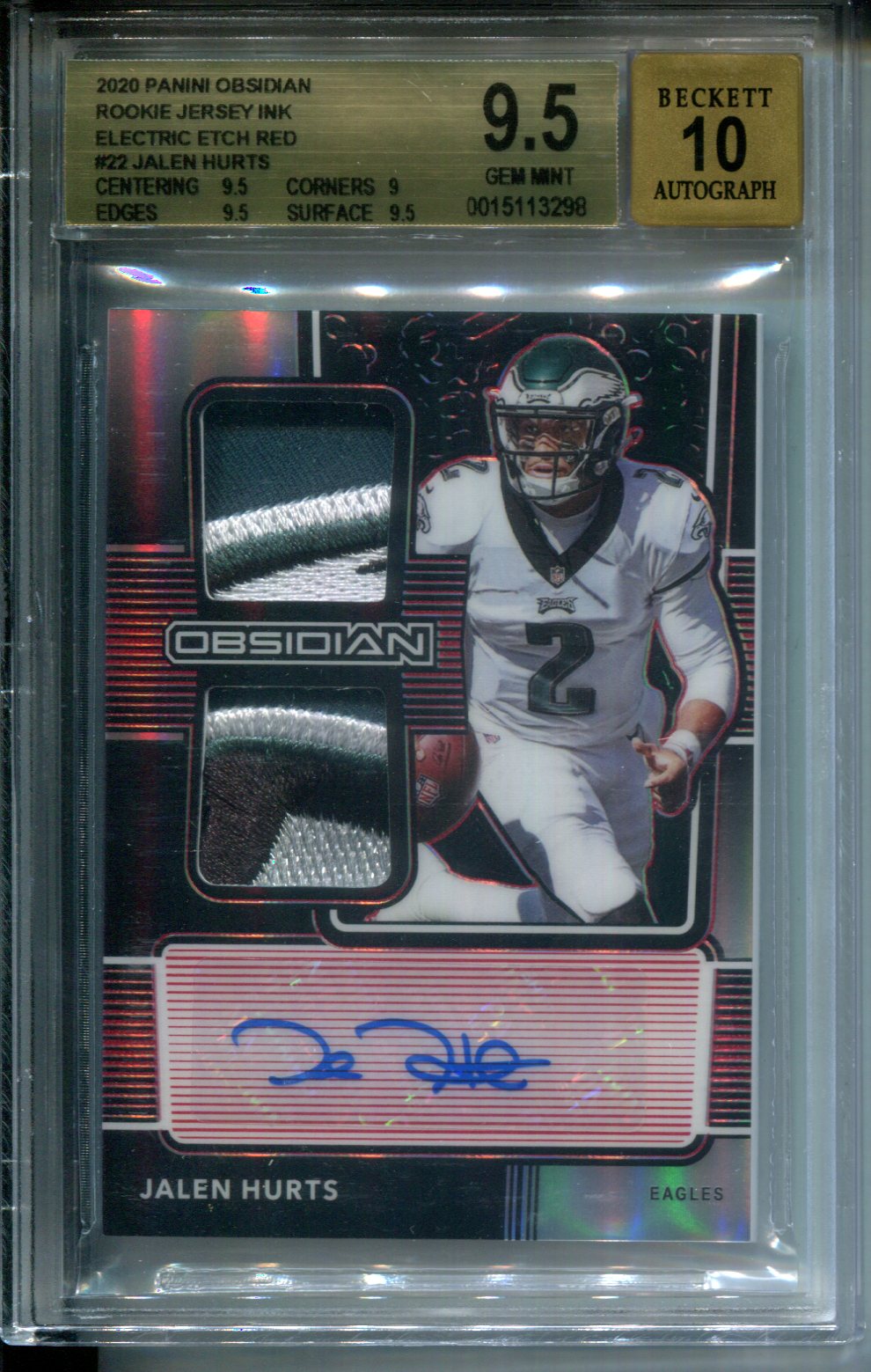 2020 Panini Obsidian RPA Rookie LOGO Patch AUTO Red Jalen Hurts #3/10 BGS 9.5