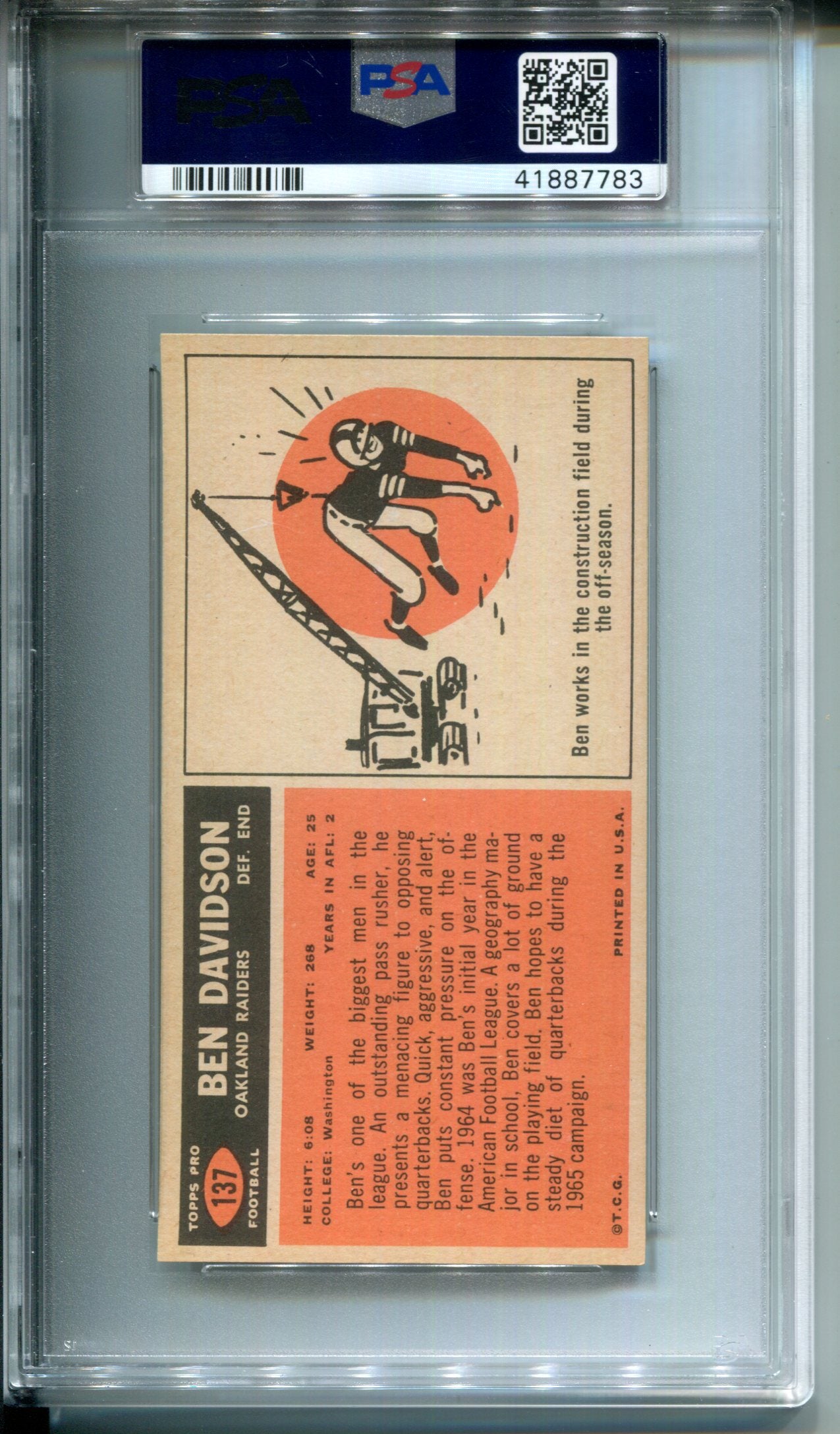 1965 Topps Ben Davidson #137 PSA 4 Rookie