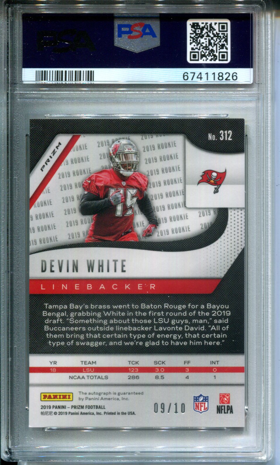 2019 Panini Prizm Devin White #312 Auto Gold Prizm #9/10 PSA 10 Rookie