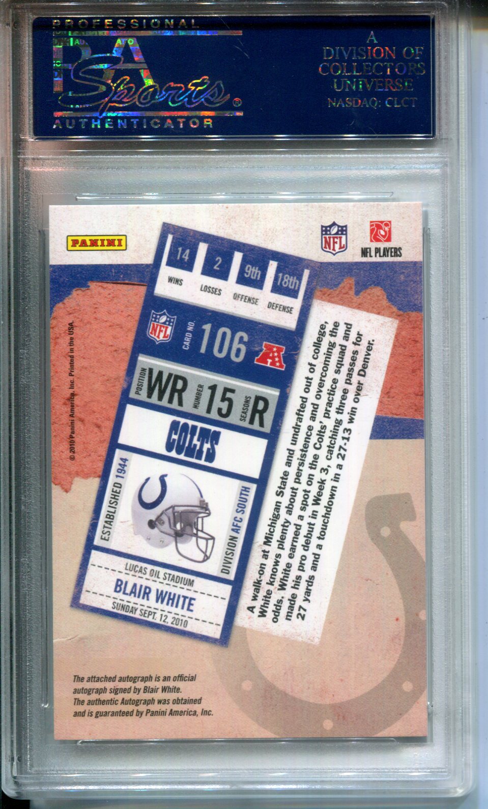 2010 Playoff Contenders Blair White #106 AUTO Rookie Ticket SP /75 PSA 10