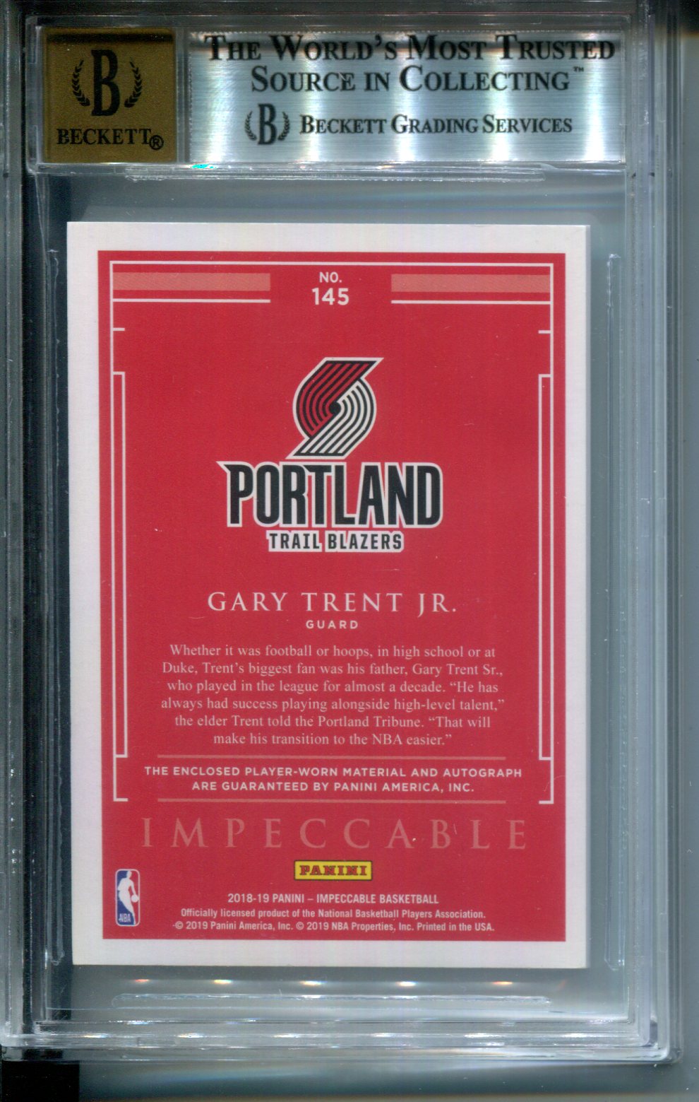 2018-19 Panini Impeccable Gary Trent Jr. RPA PATCH AUTO #9/99 (Jersey #) BGS 9