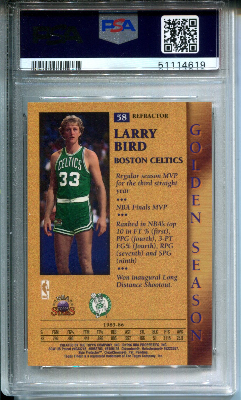 1996 Topps NBA Stars Larry Bird #58 Finest Refractor PSA 8