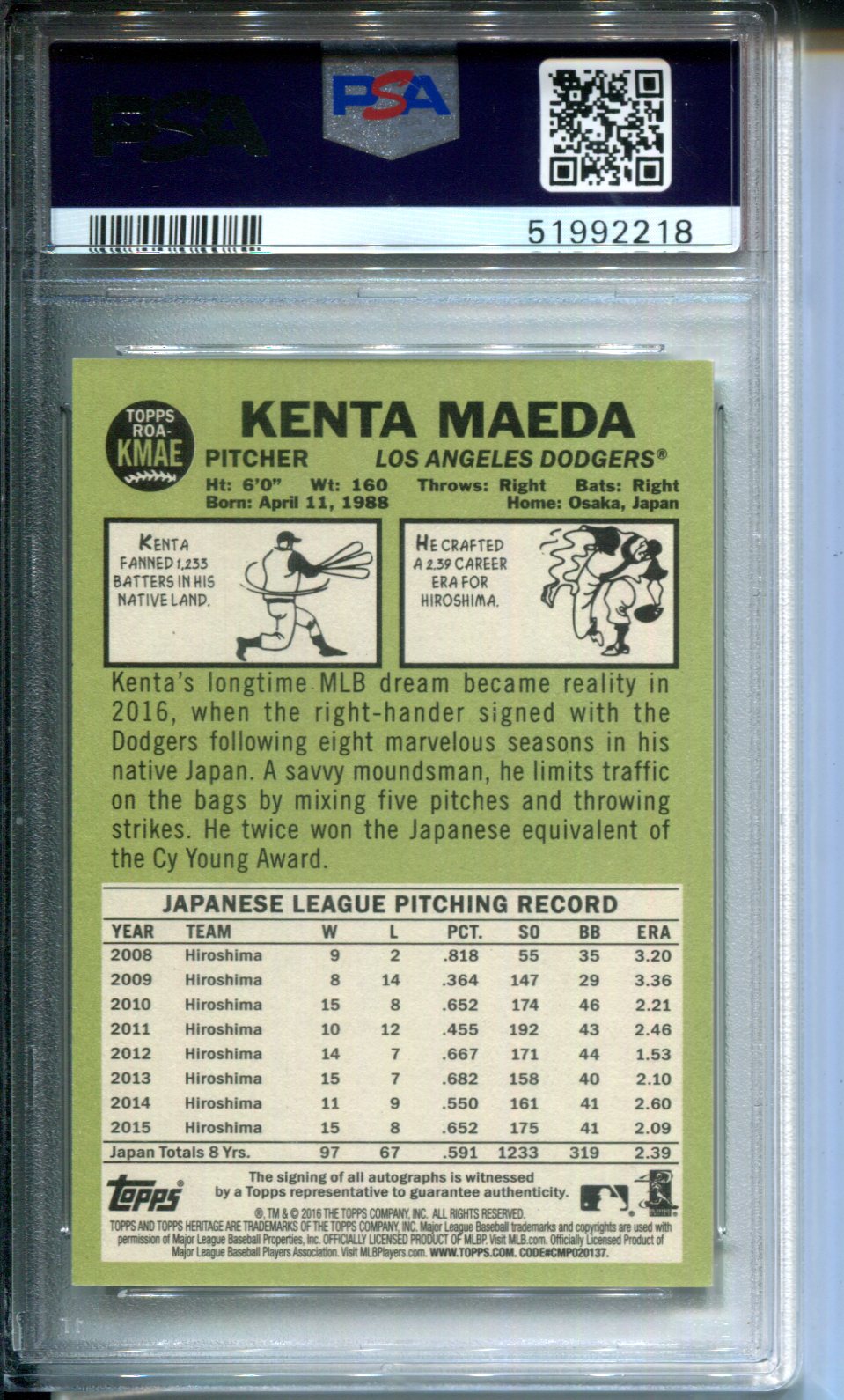 2016 Topps Heritage Real One Autograph AUTO Kenta Maeda #5/67 Red Ink PSA 10