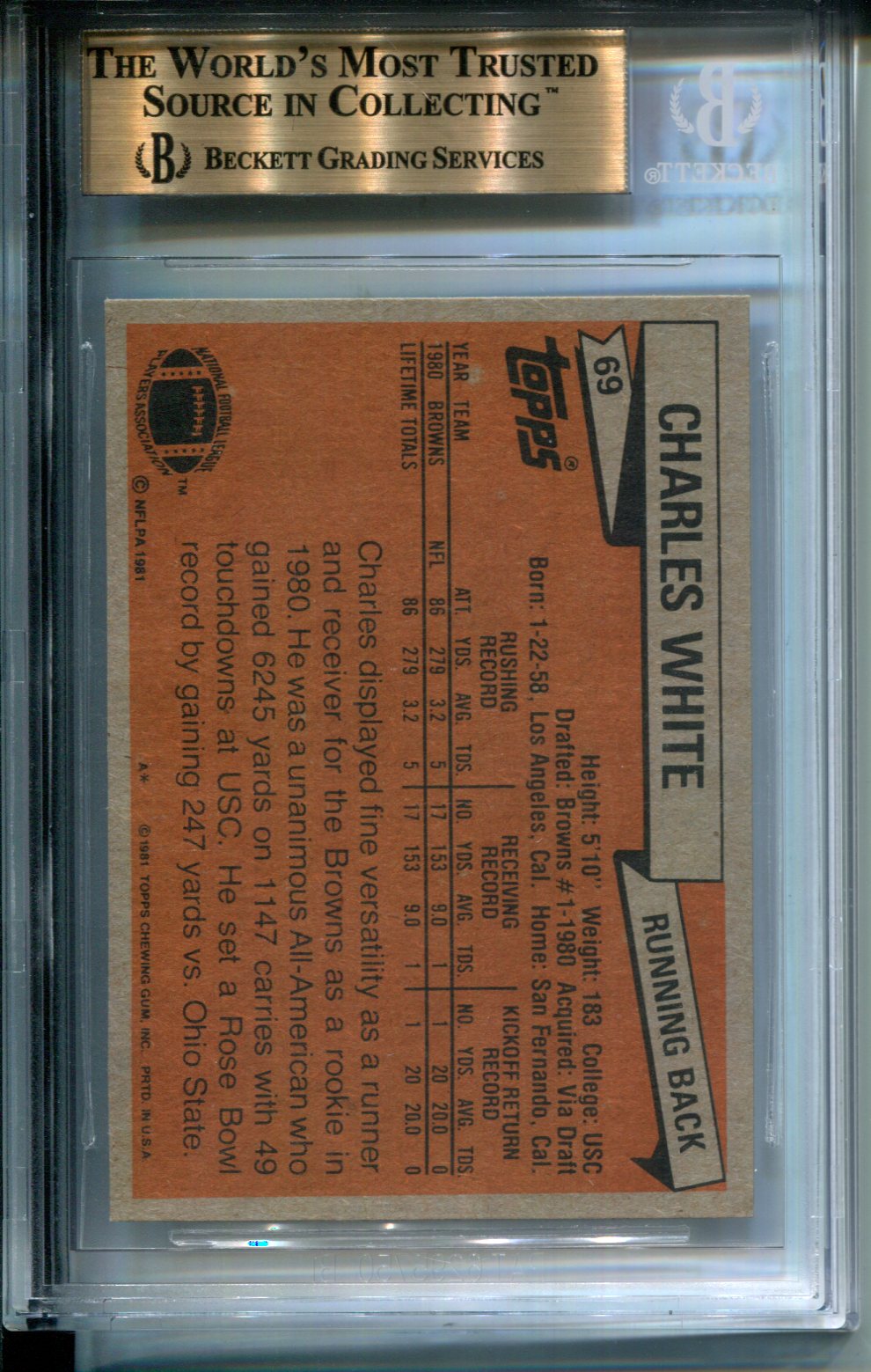 1981 Topps Charles White RC #69 Rookie GEM MINT BGS 9.5