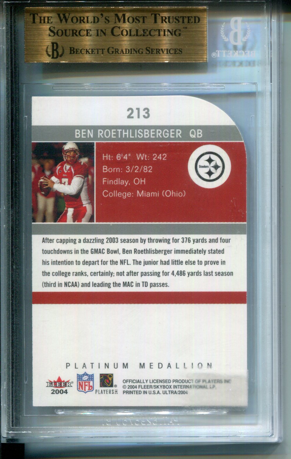 2004 Ultra Platinum Medallion Ben Roethlisberger Missing Serial Number BGS 9.5