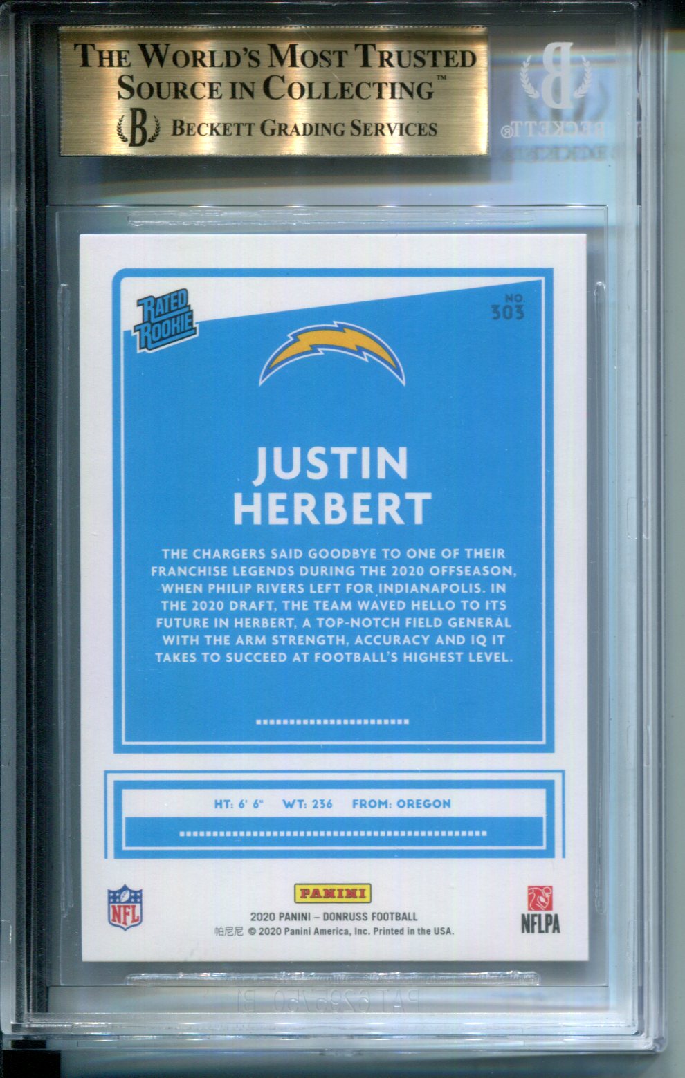 2020 Donruss Press Proof Black #2/10 Justin Herbert Rated Rookie #303 BGS 9.5