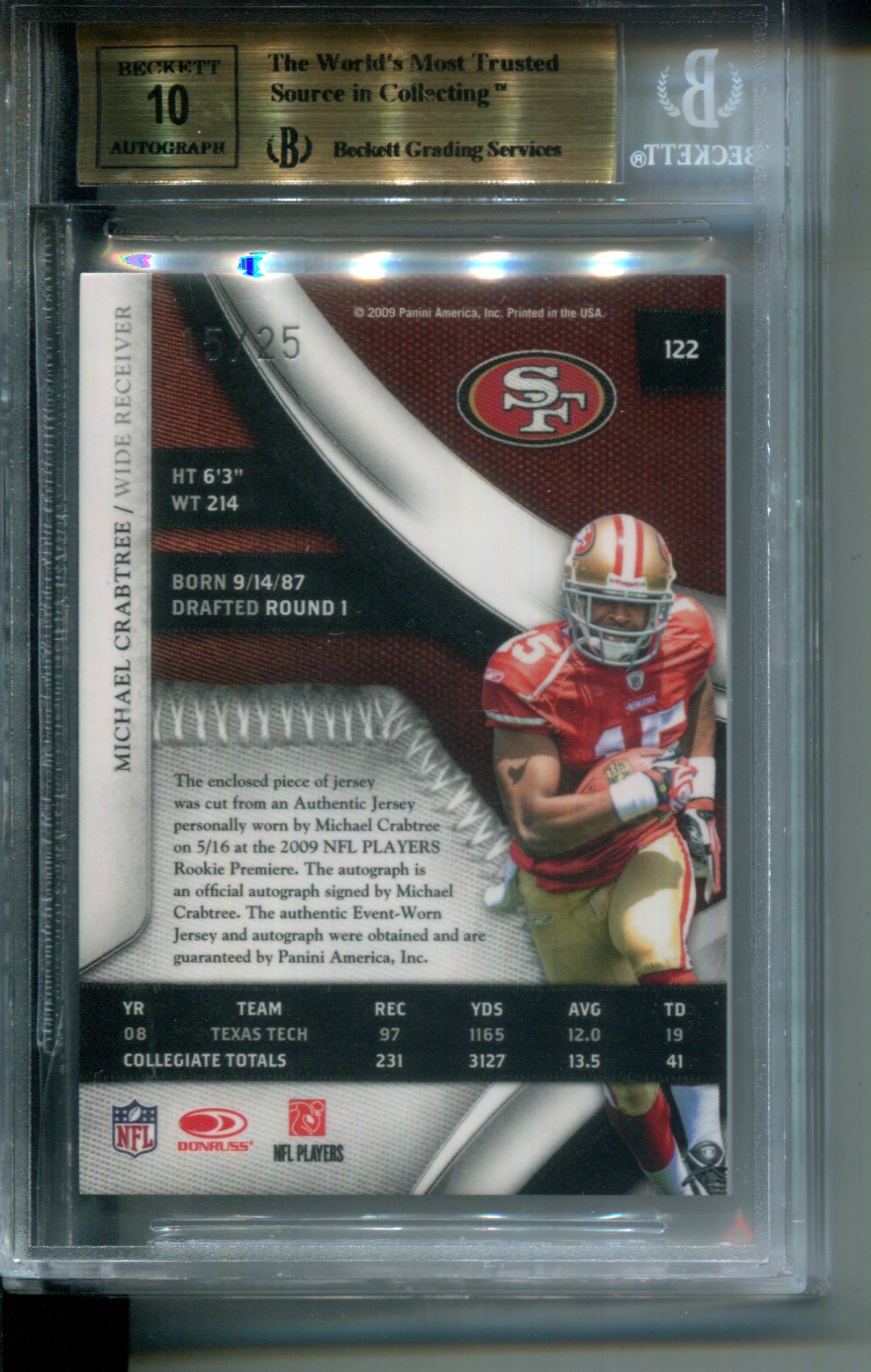 2009 National Treasures Rookie Gold #15/25 (Jersey #) Michael Crabtree BGS 9.5