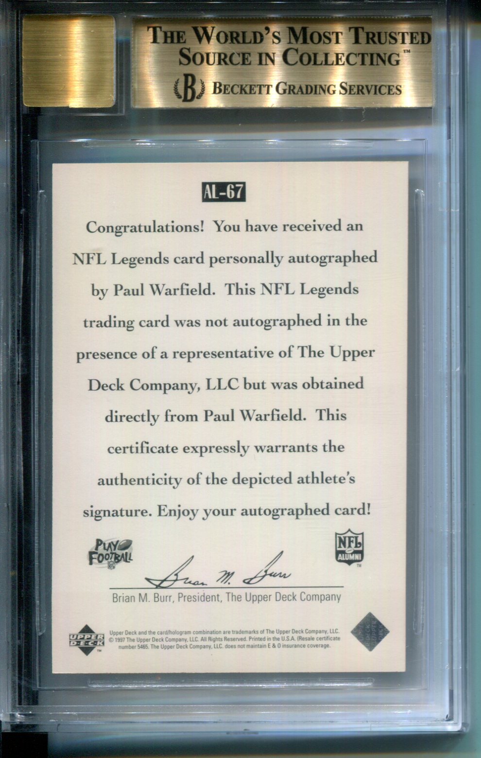 1997 Upper Deck Legends Autograph AUTO Paul Warfield #AL67 BGS 9.5