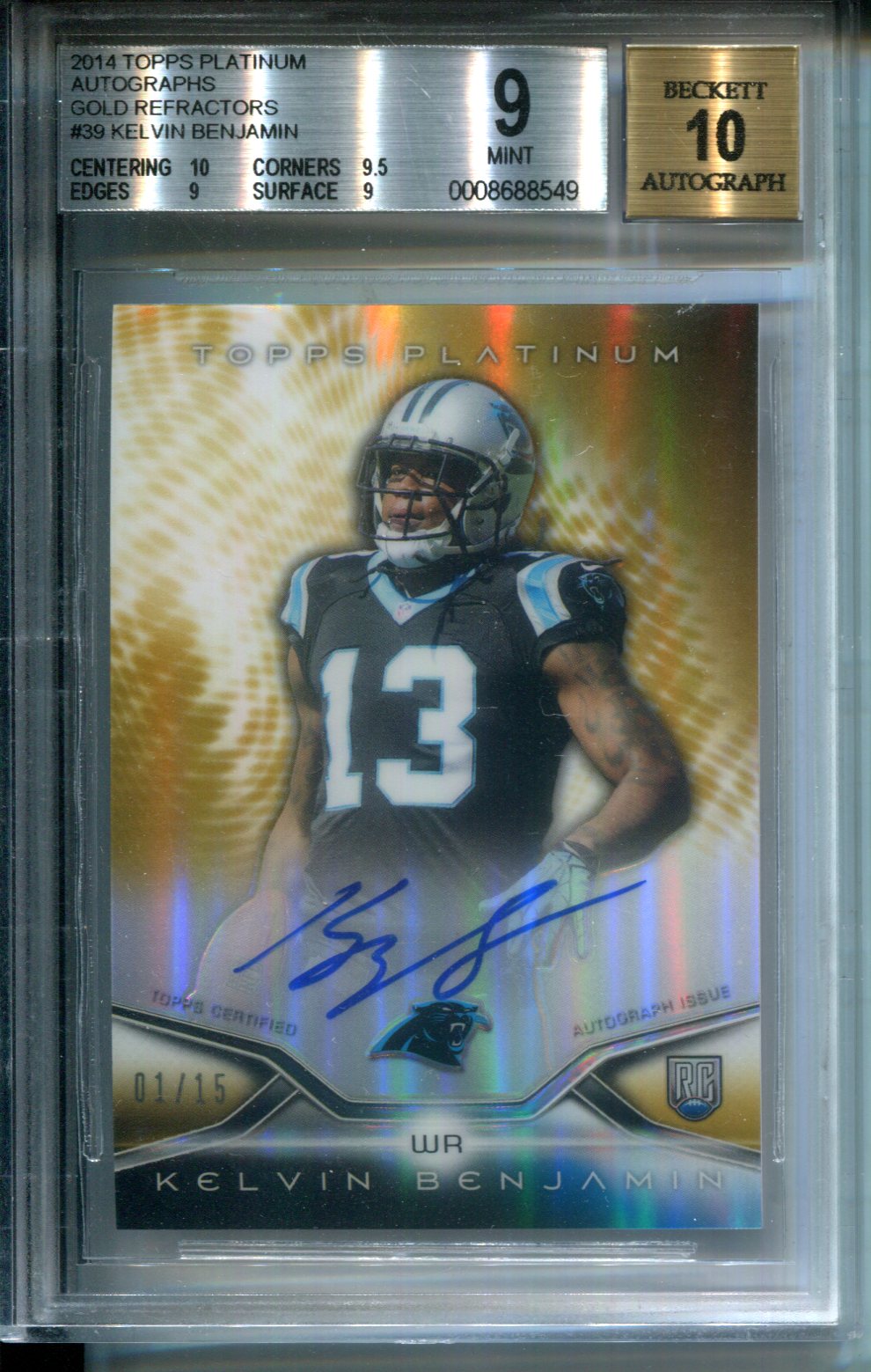 2014 Topps Platinum AUTO Gold Refractor #1/15 Kelvin Benjamin Rookie BGS 9