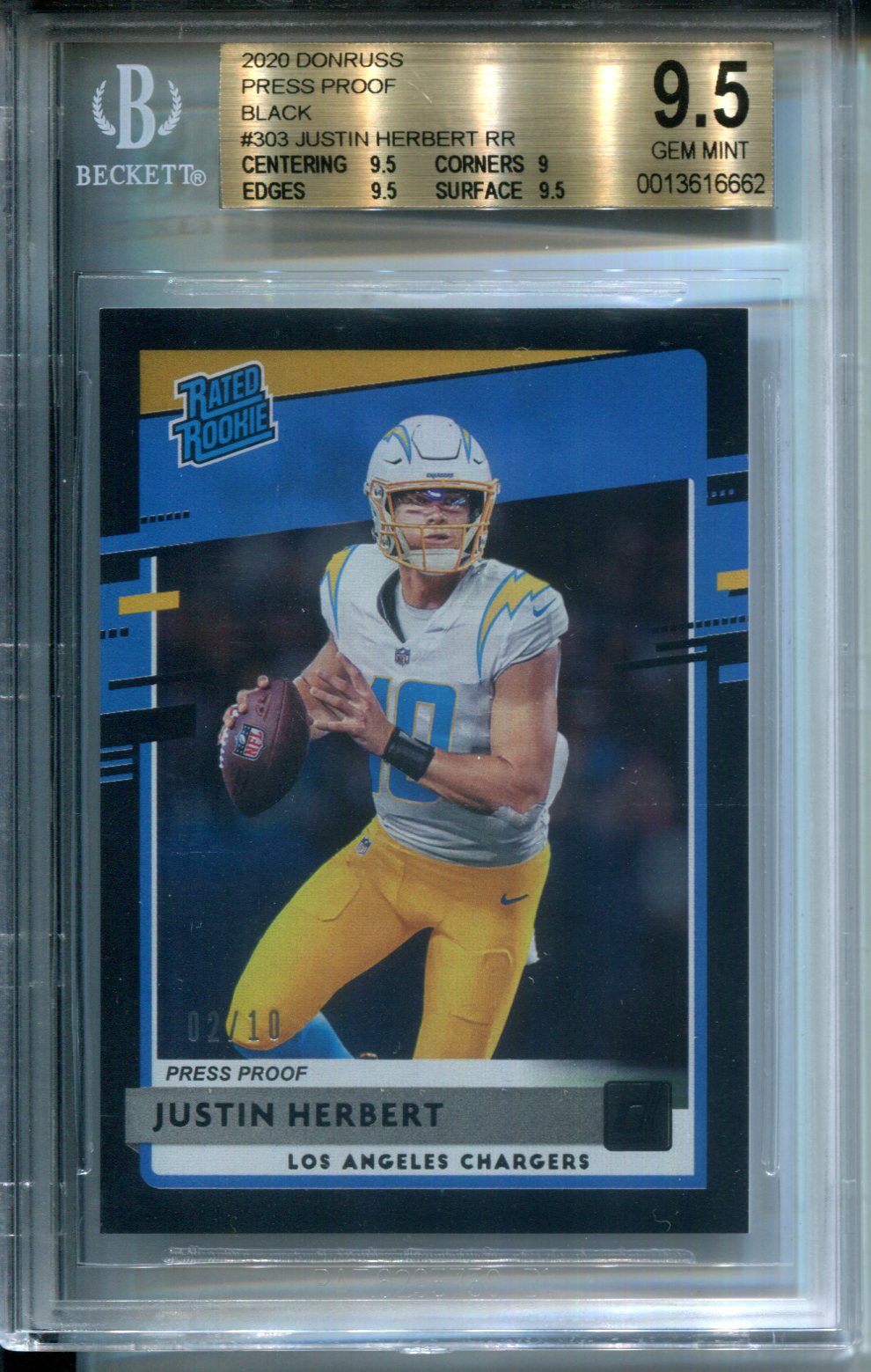 2020 Donruss Press Proof Black #2/10 Justin Herbert Rated Rookie #303 BGS 9.5